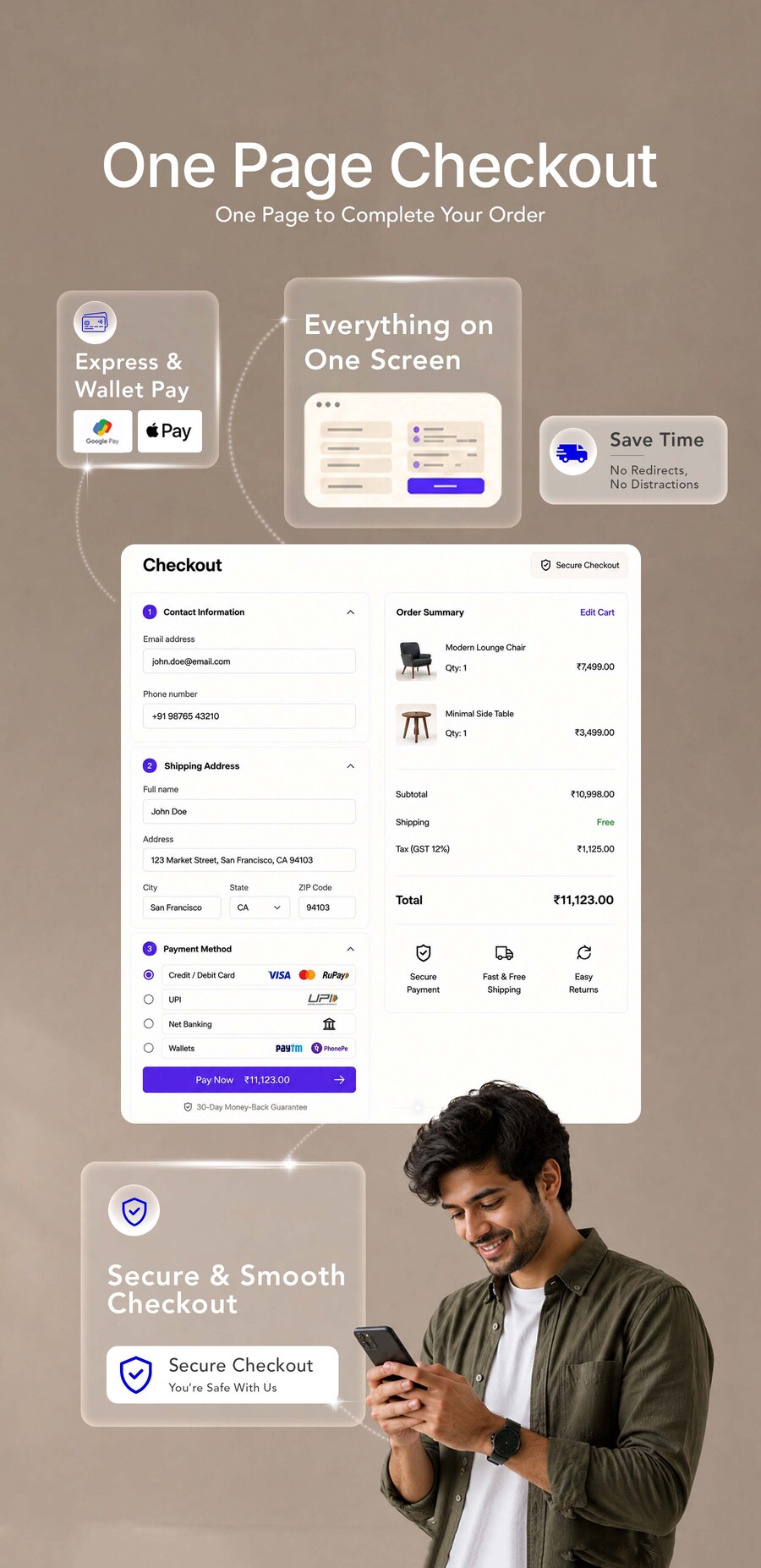 Streamlined one-page checkout that reduces cart abandonment and speeds up purchases