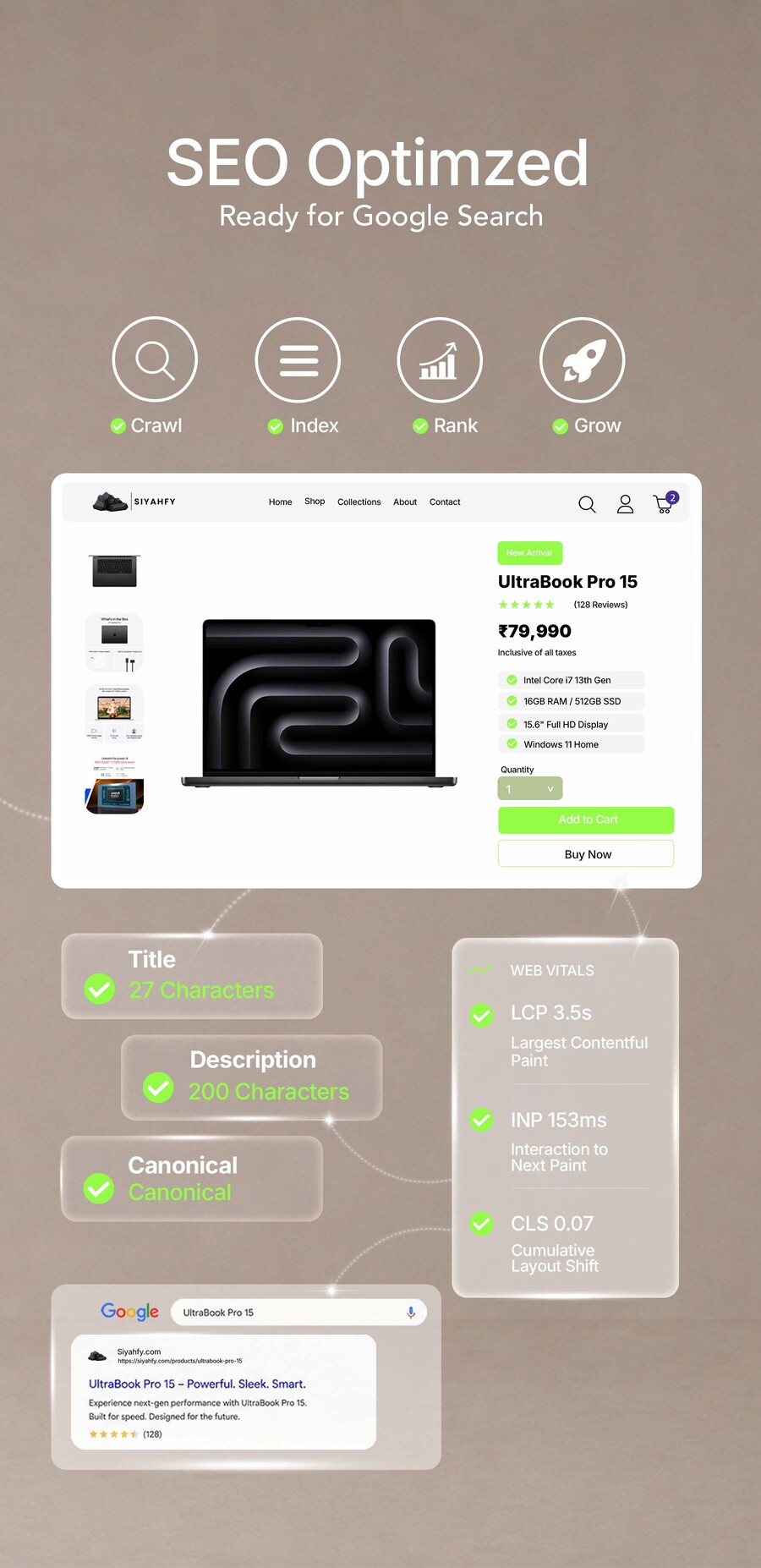Built-in SEO and marketing tools to help the store rank and drive traffic